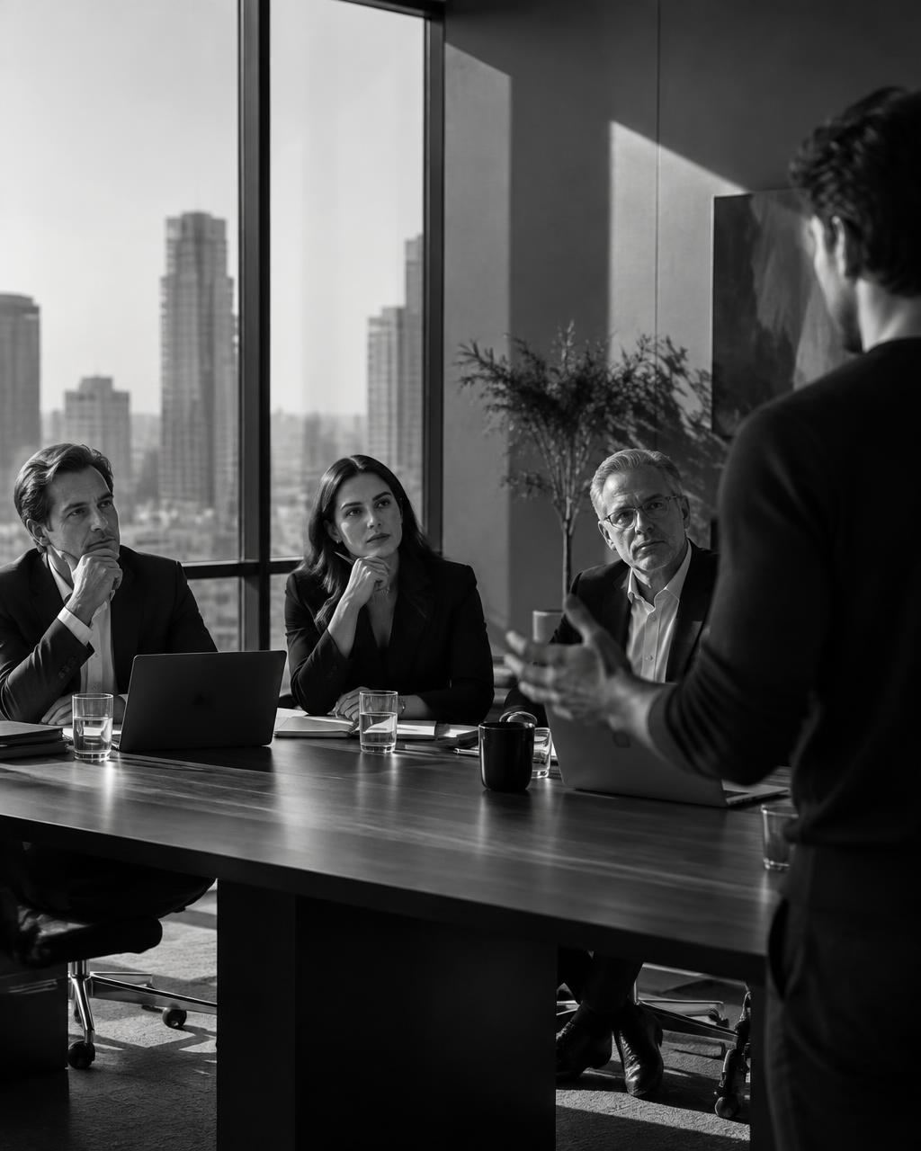 Investors listening to a founder pitch across a boardroom table